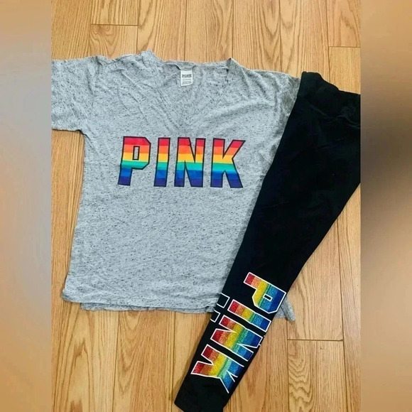 PINK VS RAINBOW TSHIRT / LEGGINGS OUTFIT  SMALL - Picture 3 of 11